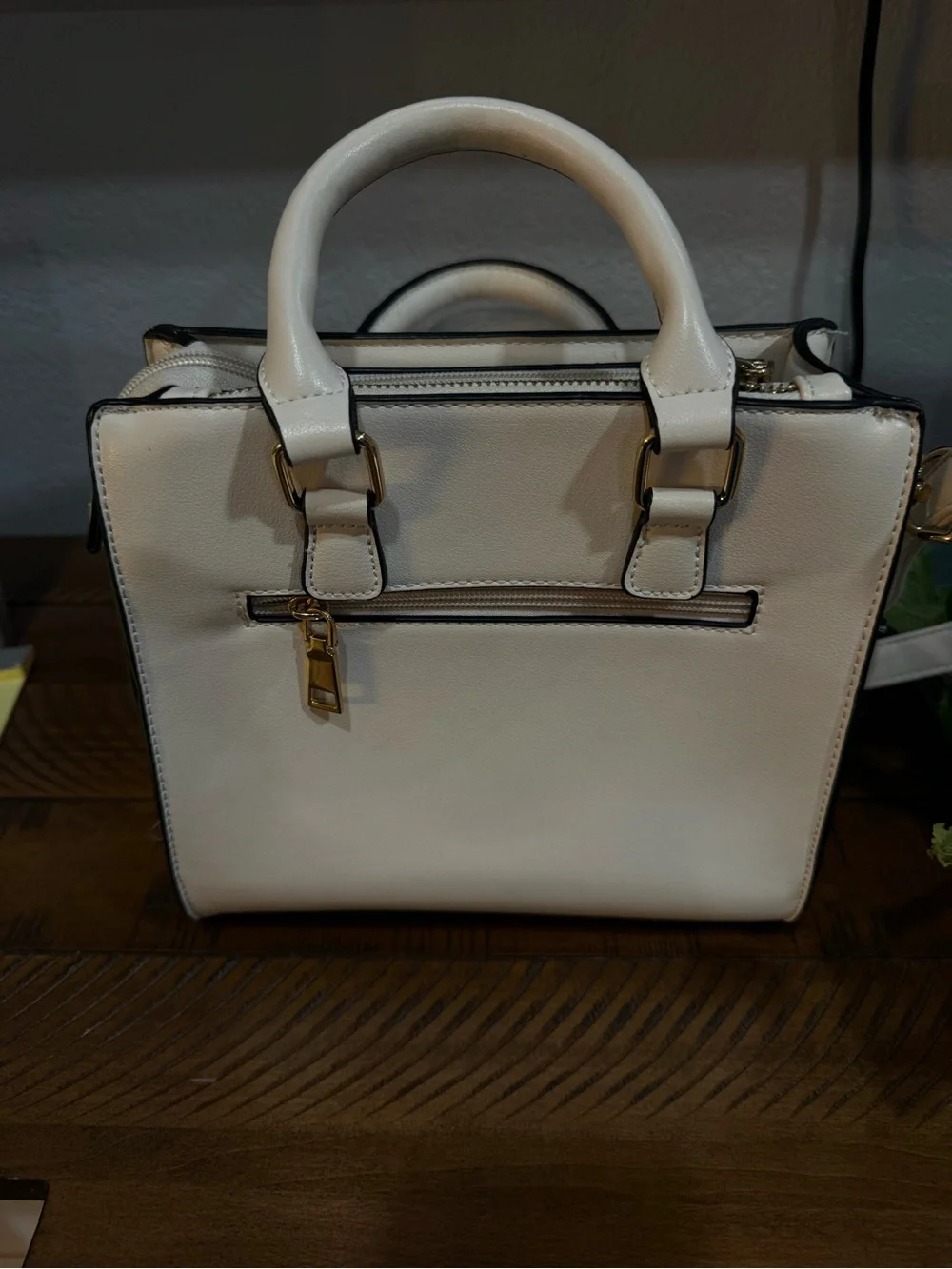 Cream Structured Top-Handle Satchel with Gold Hardware
